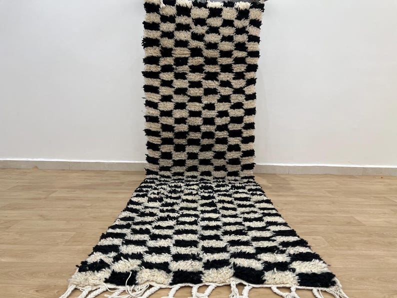 MOROCCAN HALLWAY RUG , Handmade Checkered runner rug , Black and White moroccan rug, Custom Beni ourain rug, Genuine wool rug, runner carpet