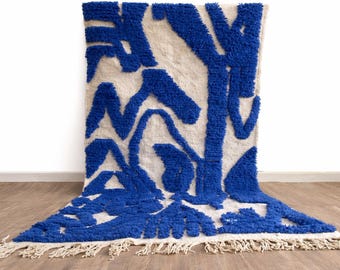 Blue Moroccan Rug, Handmade Berber Wool Rug, Abstract Boho Rug, Modern Moroccan Area Rug, Scandinavian Nordic Home Decor Rug