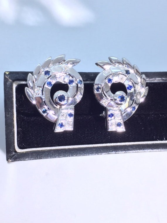 14 K White Gold Diamond and Sapphire Post Earrings