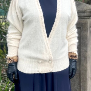 Vintage Retro 80s Does 20s Cream Mixed Angora Wool Saint Germain Cardigan - Size M