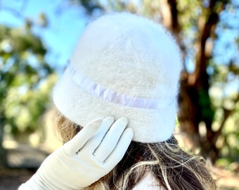 Retro Vintage Style FairWeather Angora Blend Winter Hat - White Fluffy Hat with Small Bow