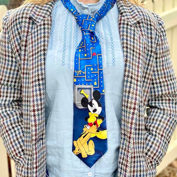 Vintage Collectible René Chagal Hand Made Disney Mickey Mouse and Pluto 80s Gaming Blue Tie - Novelty Designer Ties