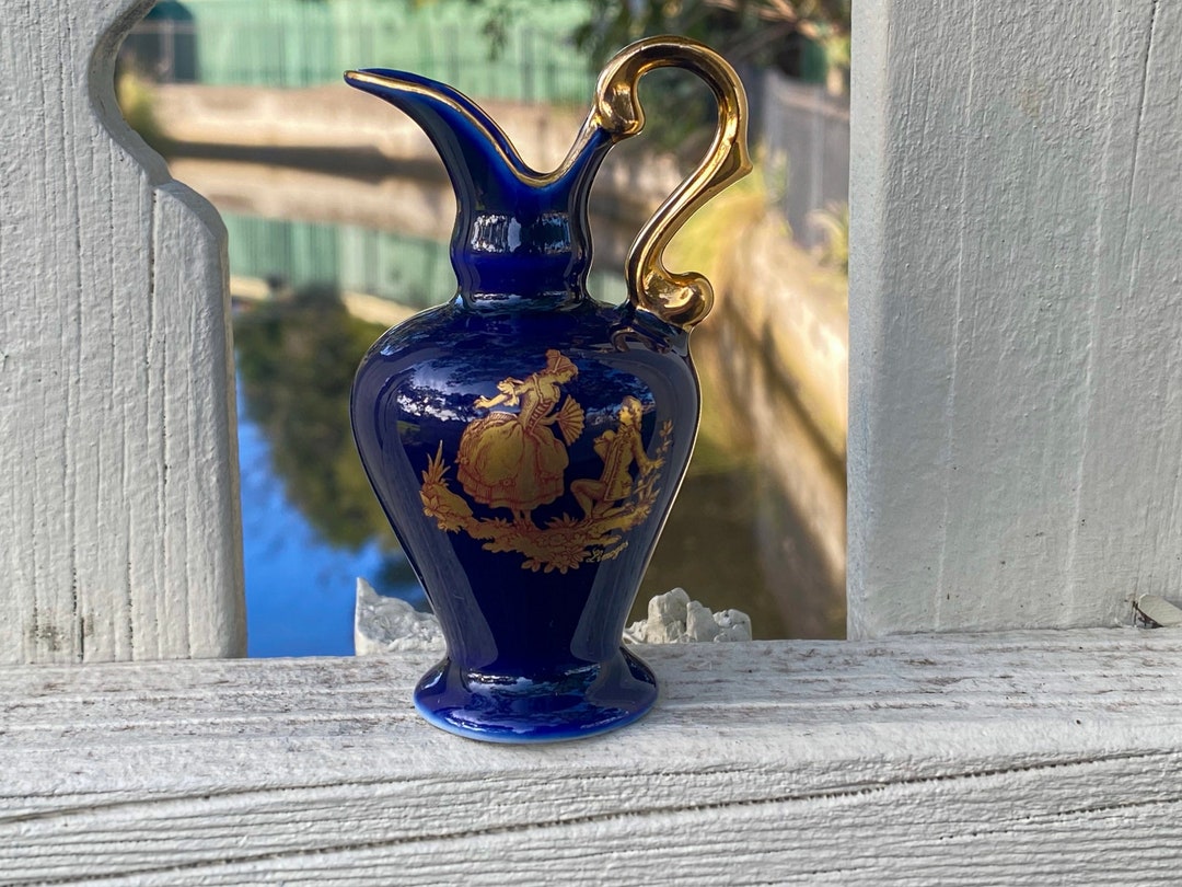 Vintage Small Limoges Cobalt Blue and Gold Porcelain Jug Pitcher