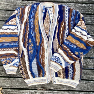 Vintage Carlo Alberto Australia Cardigan Sweater - New Wool Mixed Pattern Blues and Browns Sweater - Size XXL