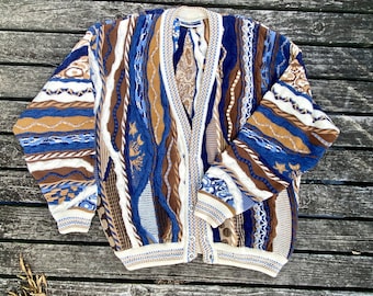 Vintage Carlo Alberto Australia Cardigan Sweater - New Wool Mixed Pattern Blues and Browns Sweater - Size XXL