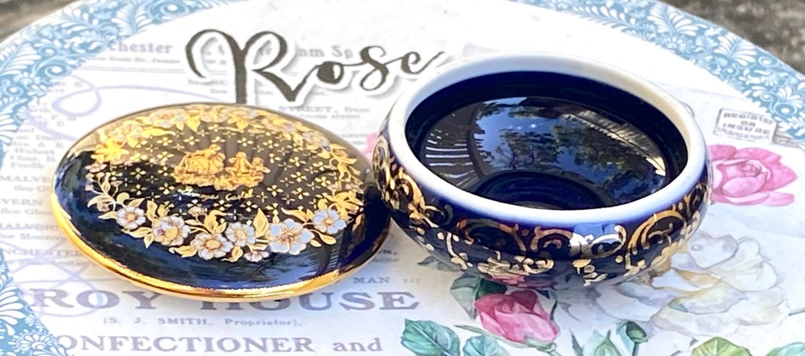 ヴィンテージ リモージュ磁器 蓋付き 小型 コバルトブルー 花柄