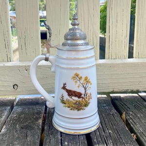 Collectible GERZ Large 94% Zinn Pewter Beer Stein/White Porcelain German Mug with Fauna Scenery/Signed