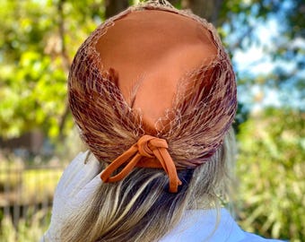 Vintage 1960s Burnt Orange Pillbox Hat with Fascinator Feather and Decorative Net - Bow Detailing Formal Mid Century Hat