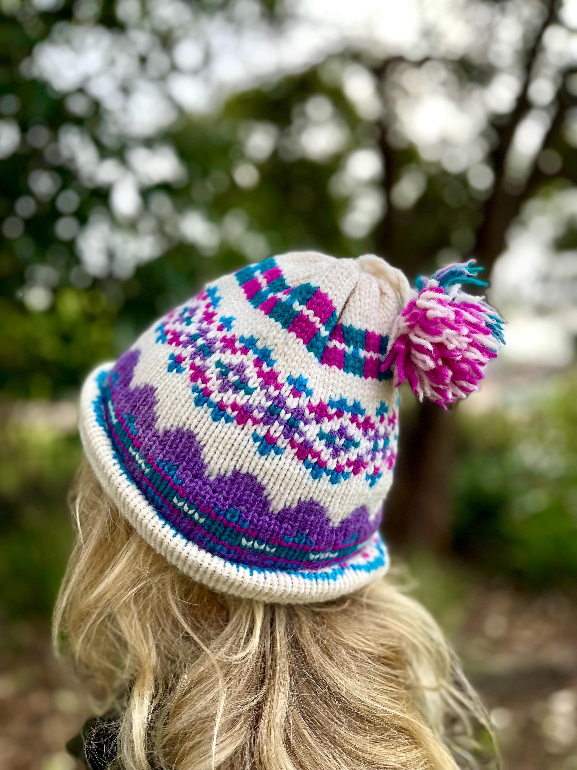 Vintage Hat Wool Ski Hat Pink Purple White‎ Beanie USA Handmade Top Notch Knits Vintage 80s Handmade Knit Pompom Hat by Top Notch Knits/100  main image 2
