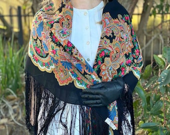 Vintage Ostinelli Como Italy Traditional Folk Large Winter Scarf