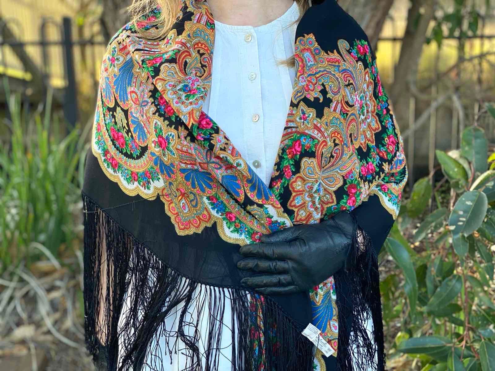 Vintage Ostinelli Como Italy Traditional Folk Large Winter Scarf