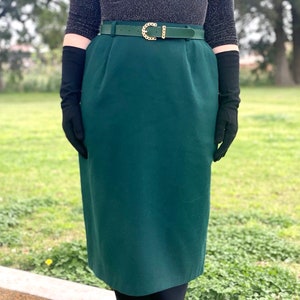 Vintage 80s Katie’s Dark Bottle Green Wool Mix Pencil Skirt with Belt - Size 12