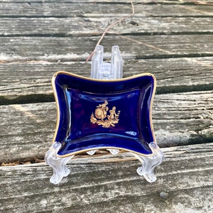 Vintage Collectible Limoges Cobalt Blue and Gold Small Rectangle Trinket Dish/Tray-The Proposal Scene/France/Signed: Limoges Porcelain D’A