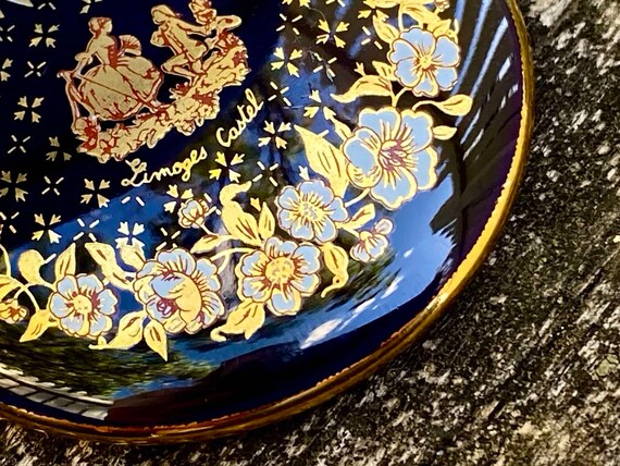 ヴィンテージ リモージュ磁器 蓋付き 小型 コバルトブルー 花柄