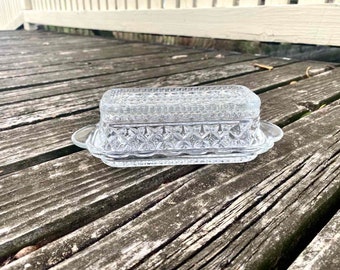 Vintage Hand Cut Ornate Glass Butter Dish with Lid