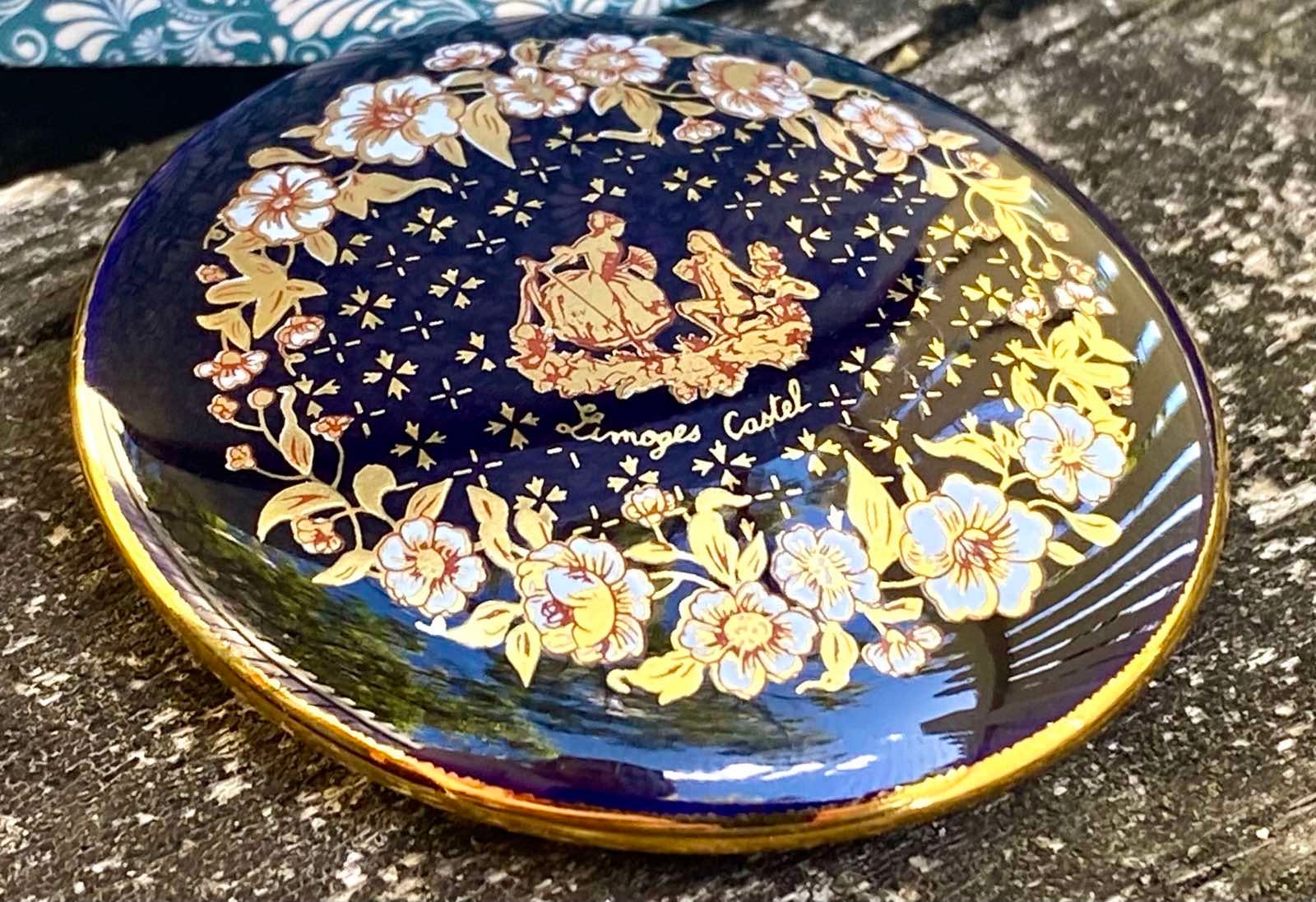 ヴィンテージ リモージュ磁器 蓋付き 小型 コバルトブルー 花柄と金色