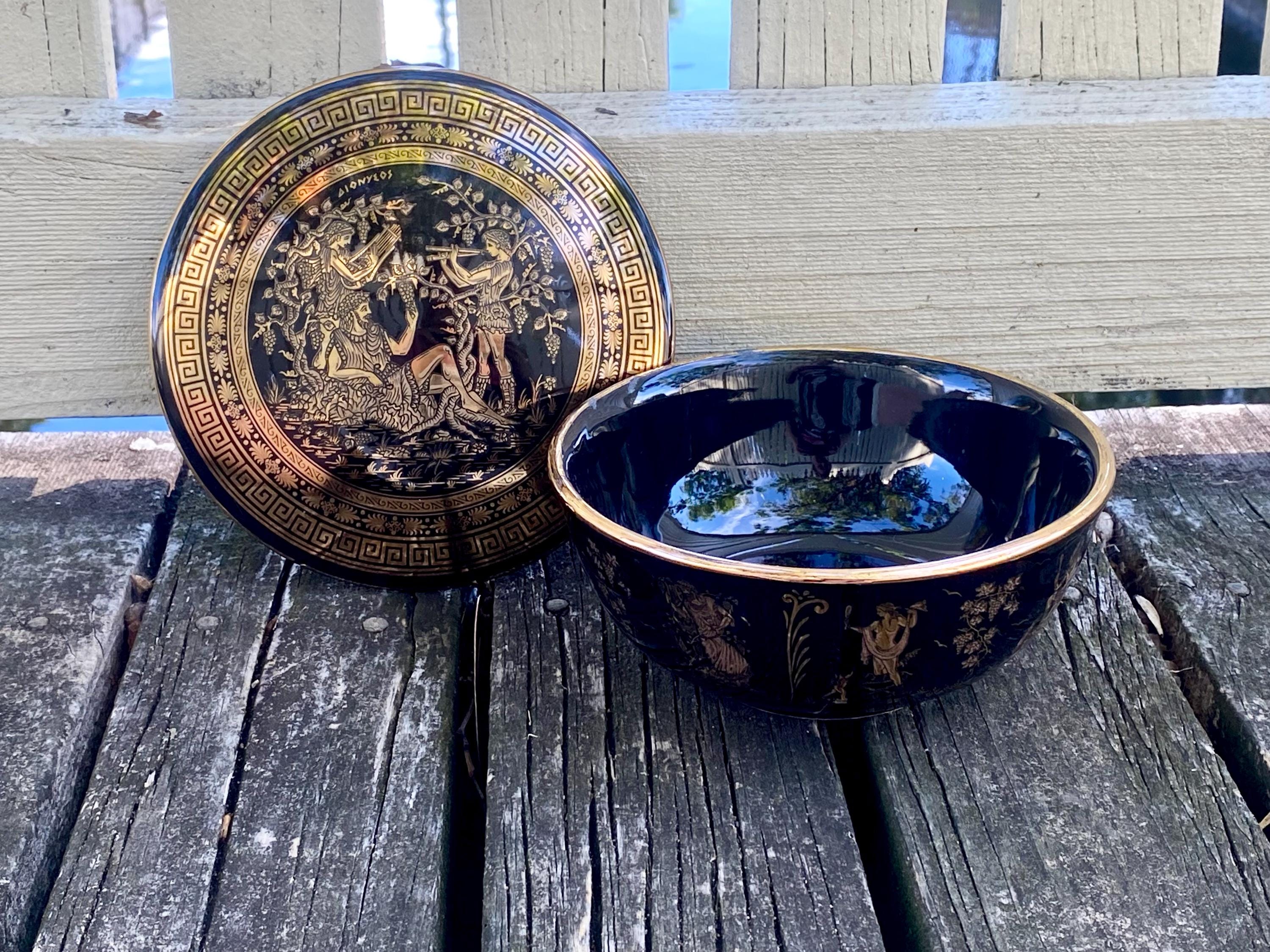 Vintage Hand Made in Greece Trinket Box with Lid by Xipolis/Greek God: Dionysos and 4 other Gods/Black Porcelain with 24k Gold