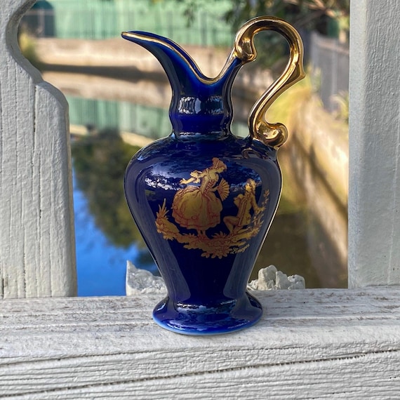Vintage Small Limoges Cobalt Blue and Gold Porcelain Jug Pitcher