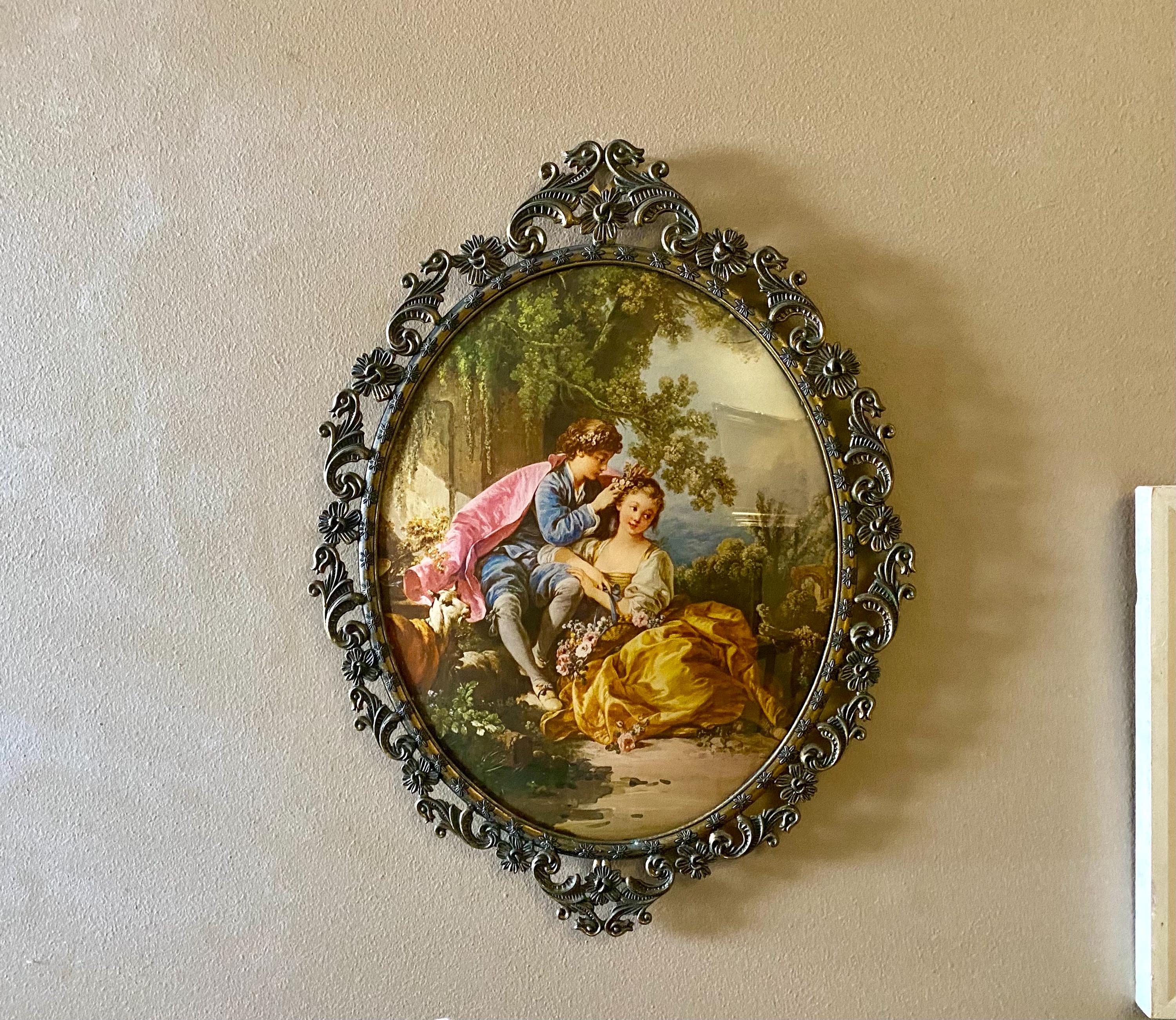 Vintage Italian Brass Oval Picture Frame, Baroque Rococo Style