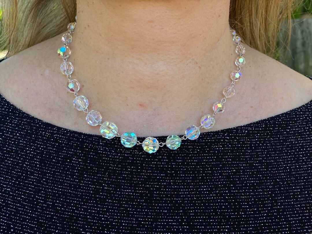 Vintage Mid Century Crystal Bead Short Necklace Etsy UK