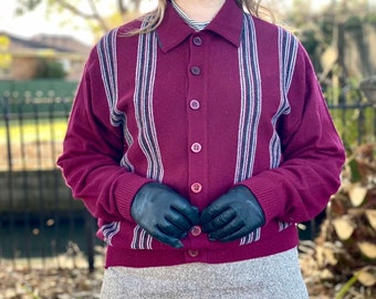 Vintage Heathway Unisex Burgundy Striped Mixed Wool Cardigan Sweater - Cardigan Jumper - Size M - Retro Sweater