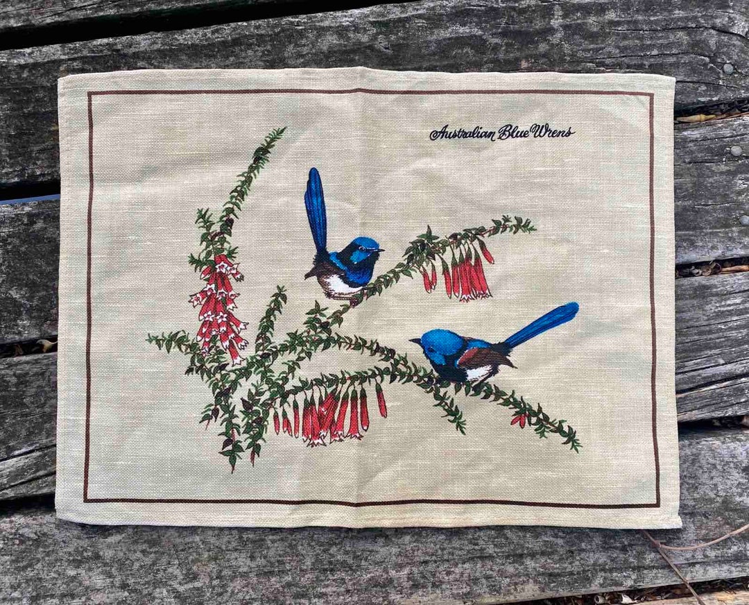 Vintage Australian Blue Wrens Illustration Czechoslovakian Linen and