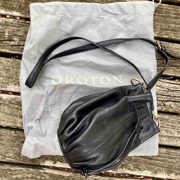 Cross Body Black Leather OROTON Drawstring Magnetic close Ditty Bag - In Original Dustbag