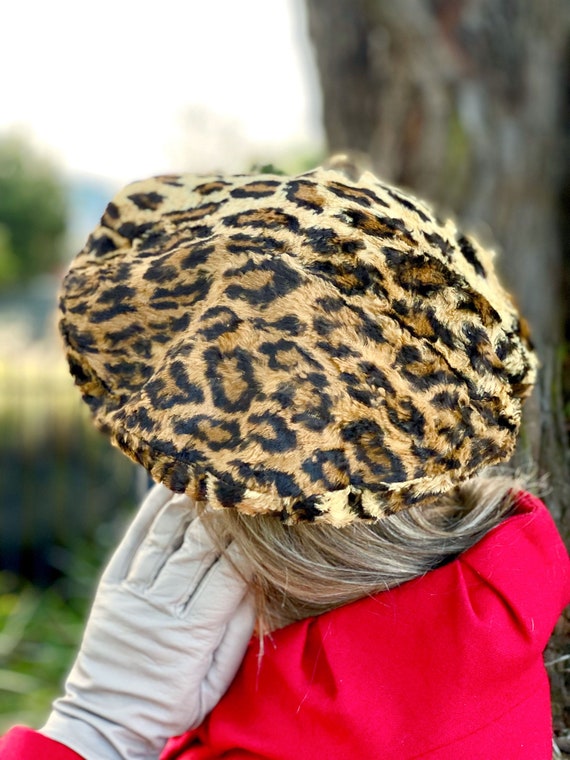 Vintage Faux Fur Leopard Printed Brown Beidge Beret Hat by Selfridges London cotton made in Italy stylish Etsy