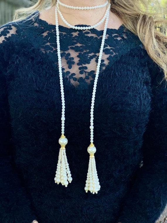 Vintage Long String of Faux Pearls with Fringed Ends … Gem