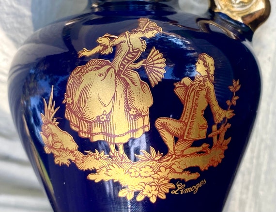 Vintage Small Limoges Cobalt Blue and Gold Porcelain Jug Pitcher