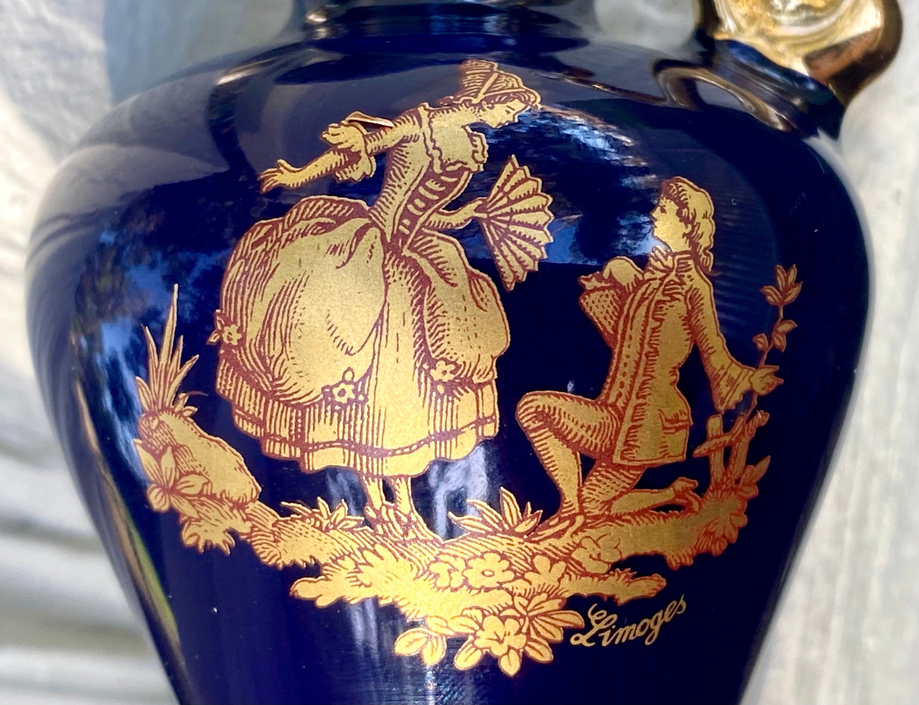 Vintage Small Limoges Cobalt Blue and Gold Porcelain Jug Pitcher