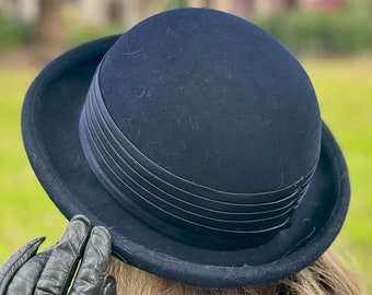 Vintage Navy Blue Kasmo Design Bowler Hat with Satin Ribbon - Made in Australia