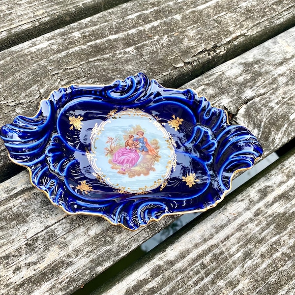 vintage Limoges France plateau pour couple bleu cobalt Fragonard - Assiette dorée