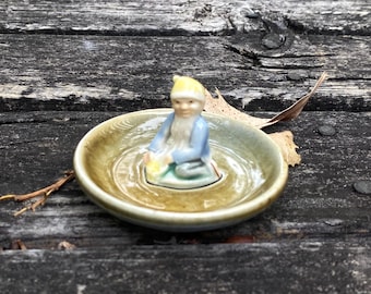 Vintage Pottery Irish Porcelain Trinket Dish with Leprechaun Gnome/Retro Ring Dish/Collectible Novelty Decor/Made in Ireland/Irish Heritage