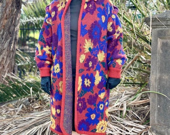 Vintage 80s Lambelle Wool Mohair Mix Multicoloured Floral Long Sweater Coat - EU38