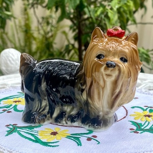 Vintage Cute Maltese dog Figurine with Red Bow/Handpainted Colored Artistic Ceramic Porcelain Figurine/Dog lovers/Home Decor