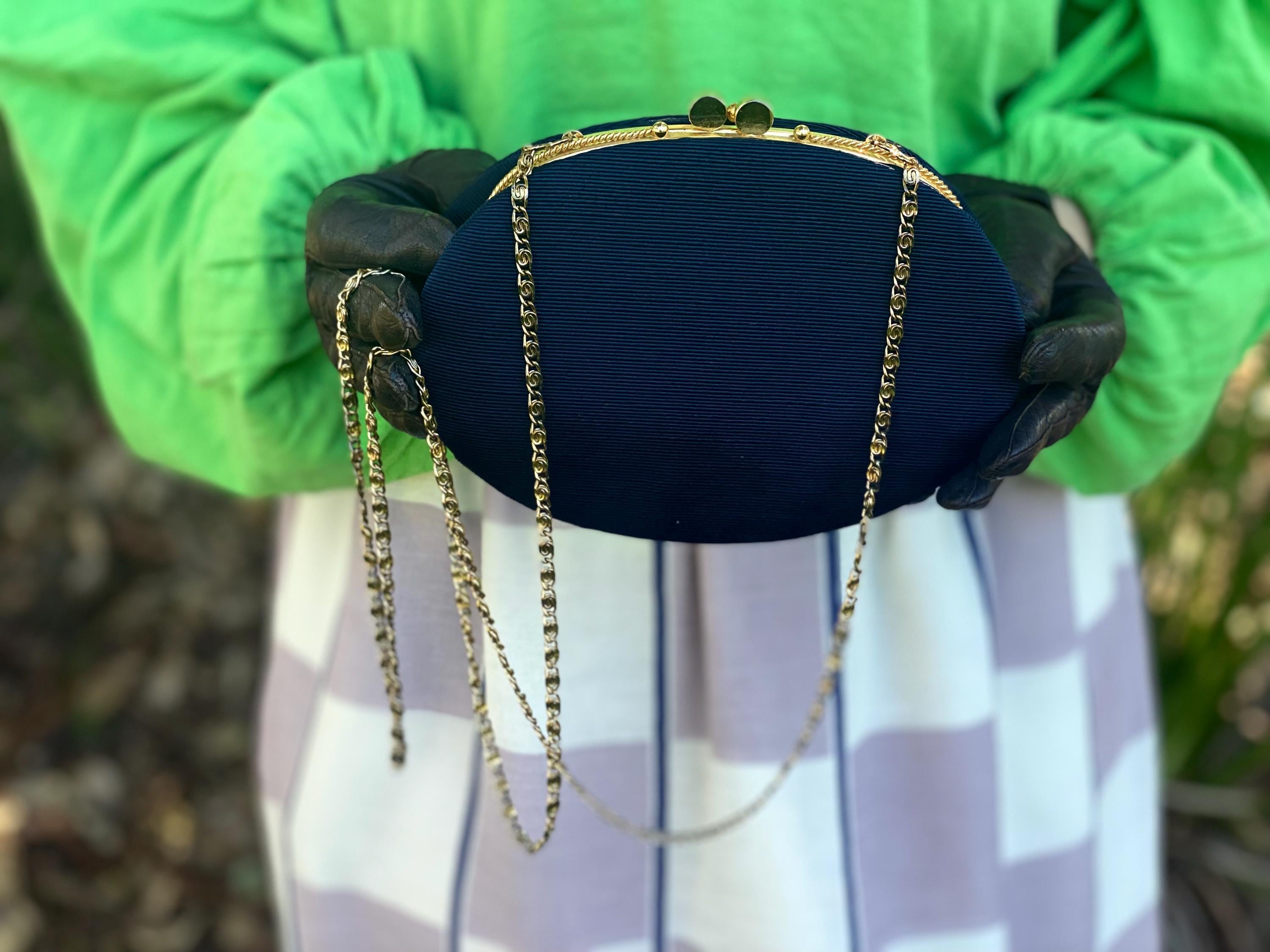 Vintage Jane Shilton Rayon Μaterial Oval Navy Bag With Gold Tone