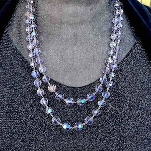 Vintage Mid Century Aurora Borealis Sparkling Dark Pink Crystal Glass Graduated Double Strand Necklace/Unique clasp with crystals/Stylish