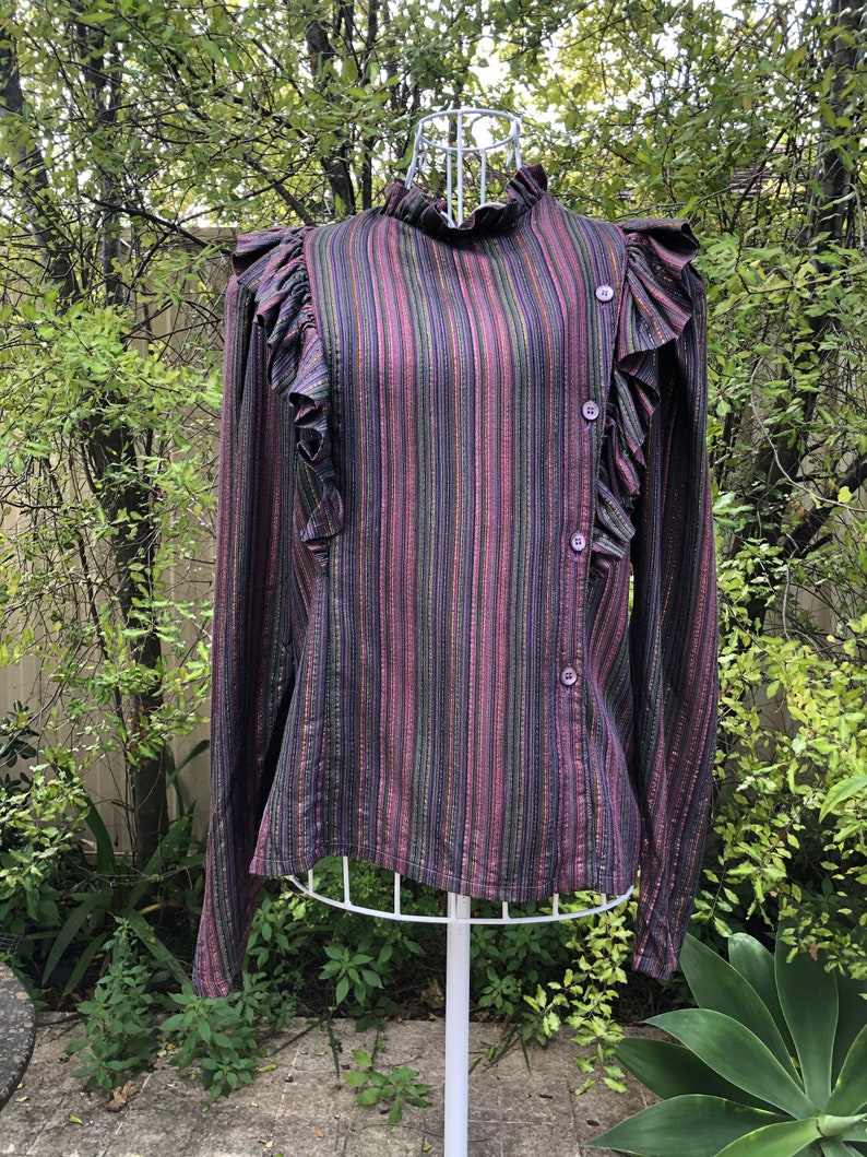 1980s Walter Kristensen Vintage Top and Puffy Culottes Set Multi Colour Stripe Pattern Solid Colour Lining