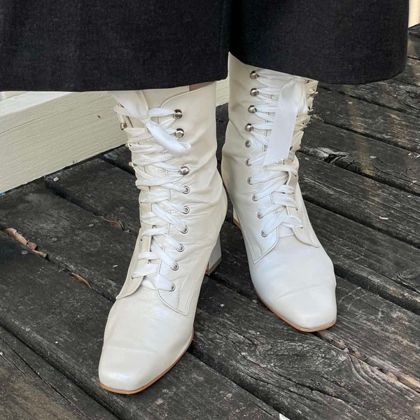 Edwardian Style Retro White Wedding Heeled Boots - GAMIN Shoes P/L Sugar Shoes For Sweethearts - Leather and Latex Sole - Size 9