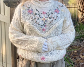 Vintage New Cover White Wool Mix Cable Knit Sweater with Floral Embroidery - Size M-L