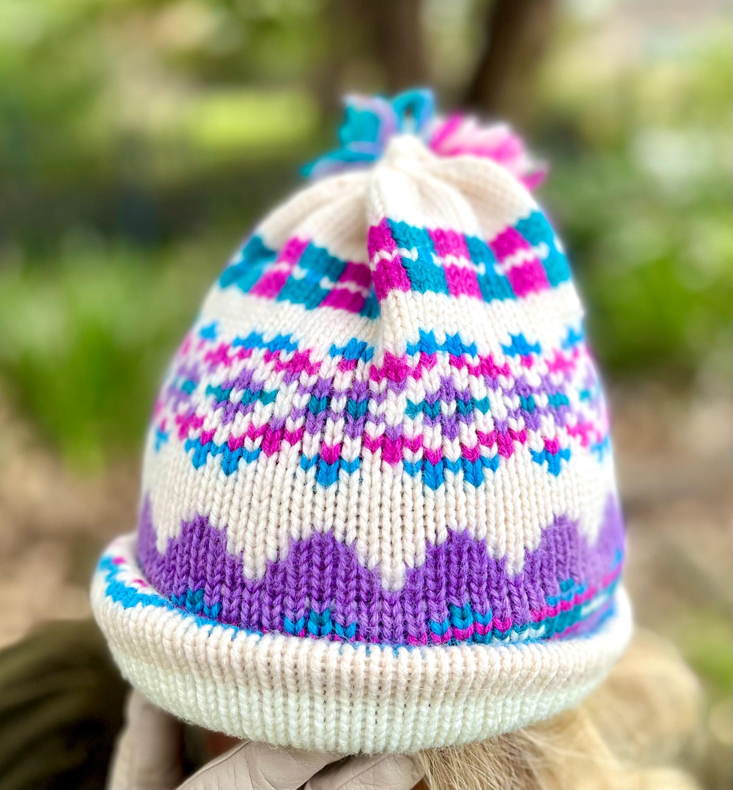 Vintage 80s Handmade Knit Pompom Hat by Top Notch Knits/100 