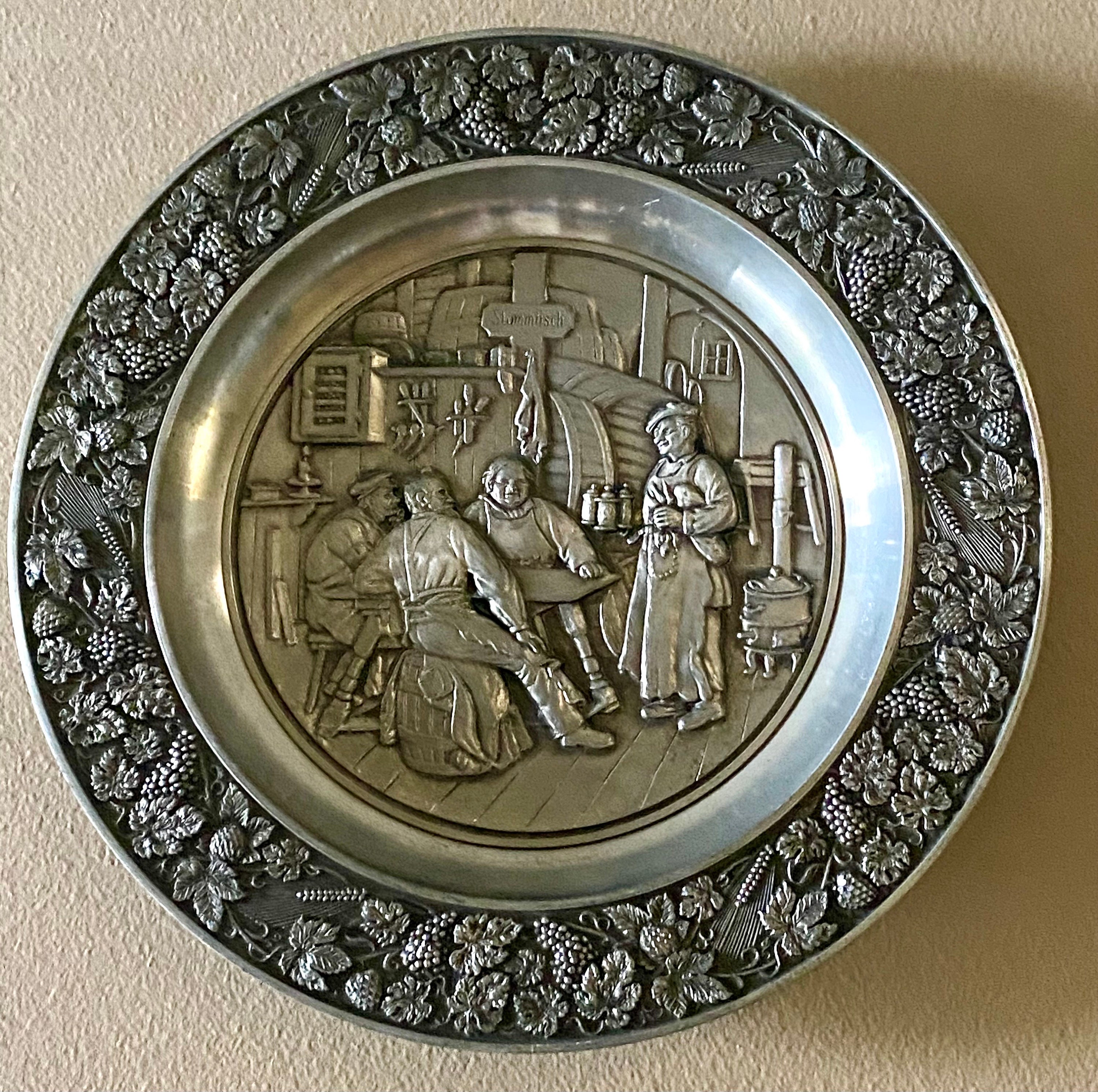 Vintage Rare Stammtisch Pewter Silver Tone Figured Embossing