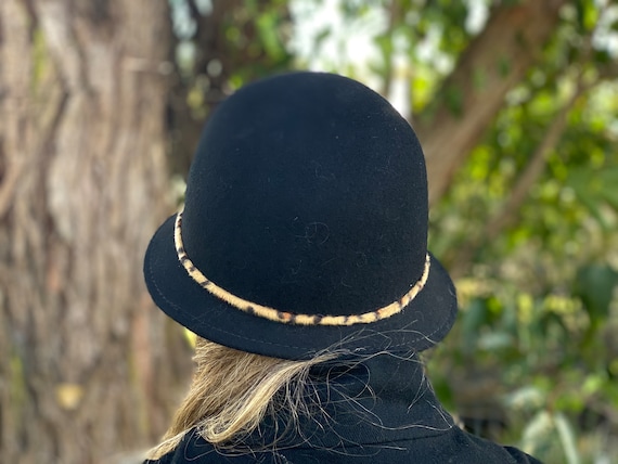 Retro Style Black Wool Hat leopard Print Inserts and Elegant Leopard Trim With Bow Scala Pronto Cute Cloche bucket Hat one Size stylish Etsy