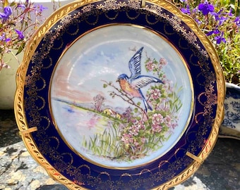 Vintage Rehausse Main Limoges Porcelain Cobalt Blue and Gilted
