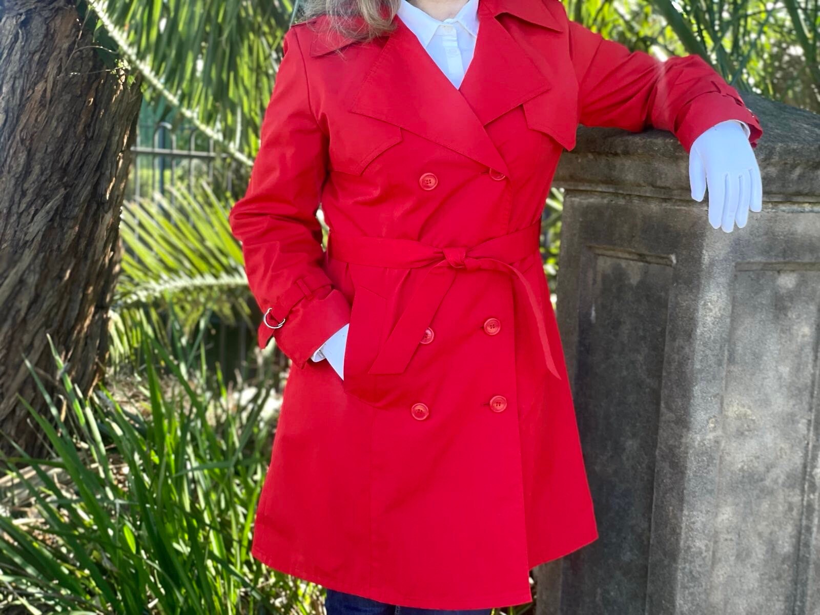 Vintage Retro Bright Red Trench Coat by Junior Look - Cotton