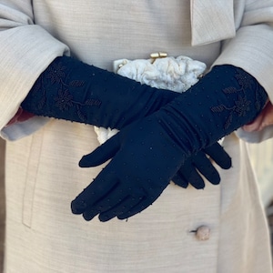 Vintage Medium Length Black Beaded Formal Evening Gloves - Size 7