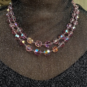 Vintage Mid Century Aurora Borealis Sparkling Light Pink Crystal Glass Graduated Double Strand Necklace-Choker/Silver tone base/Stylish