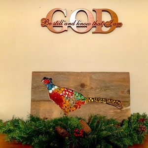 Christmas is coming! Rustic ring neck pheasant fence wood and glass art.