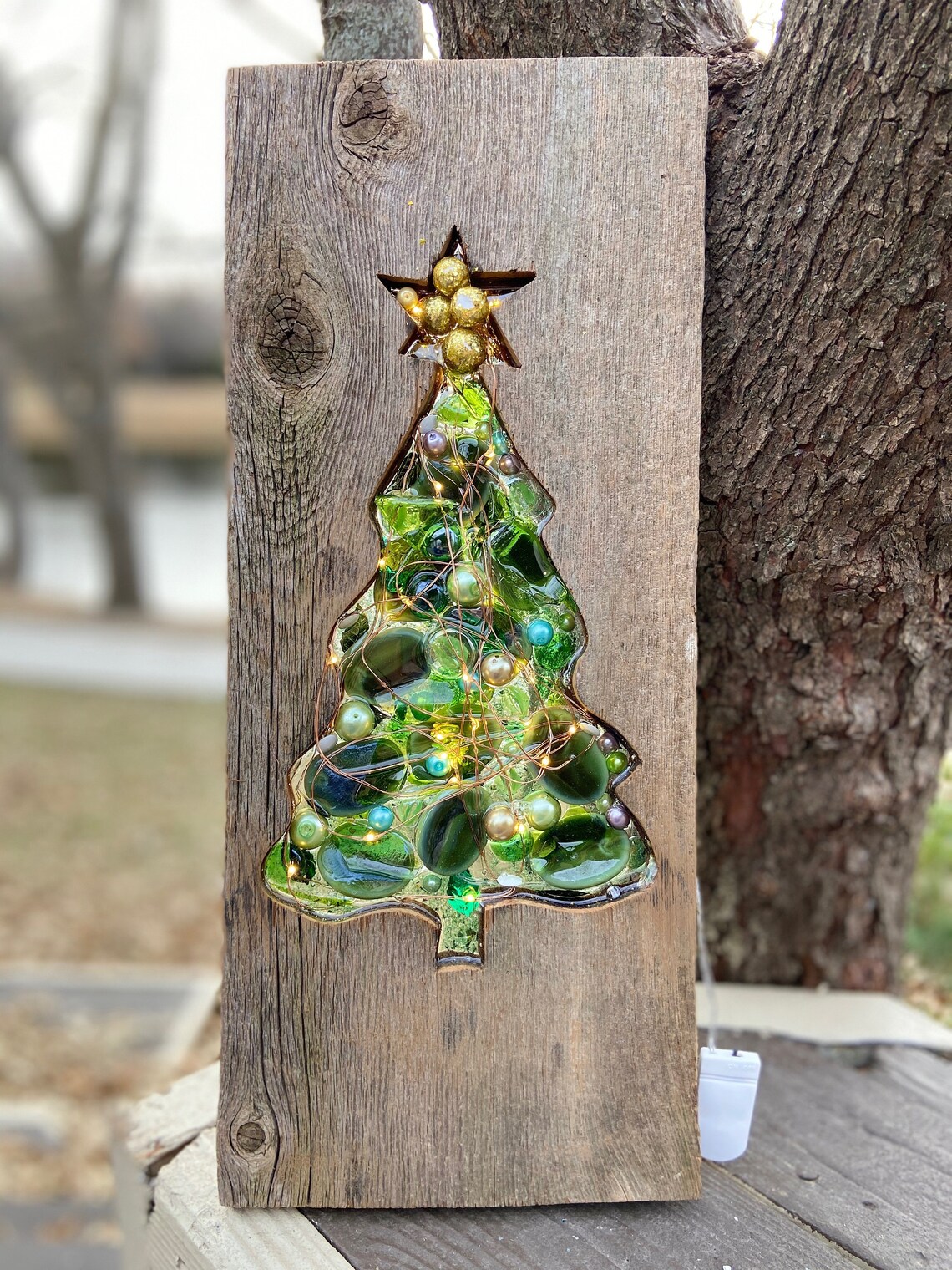 Prelit Rustic Wood Glitter Christmas Tree With Lights Etsy